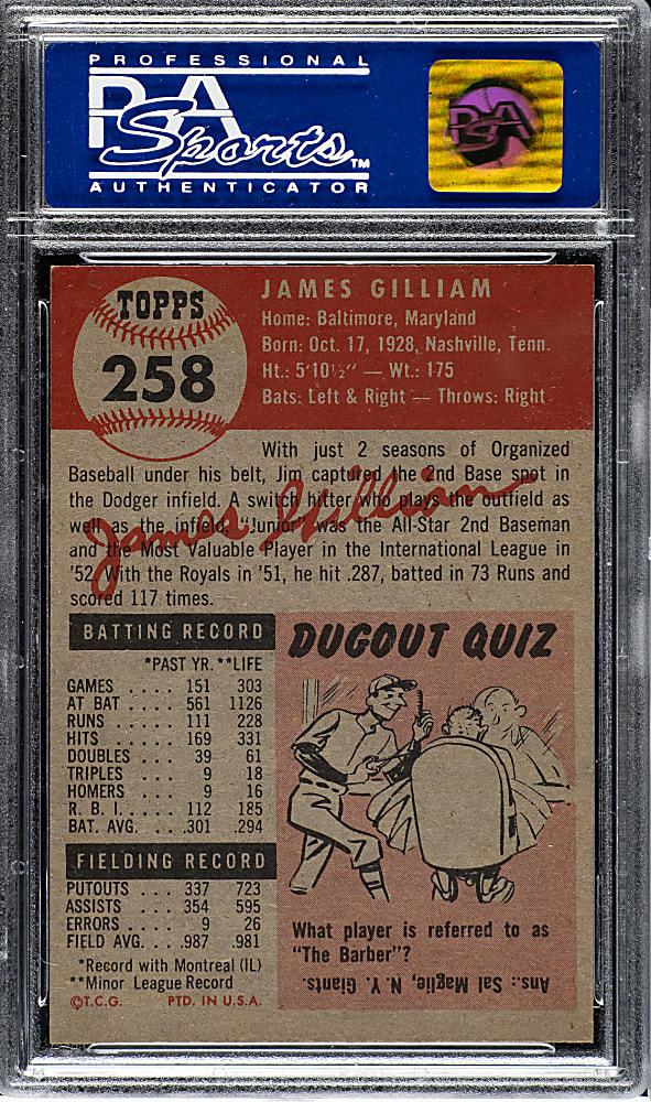 1953 Topps #258 Jim Gilliam PSA NM 7