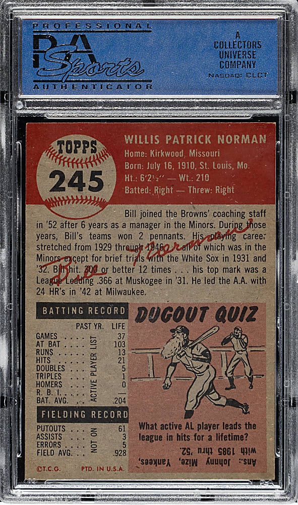 1953 Topps #245 Bill Norman PSA NM 7