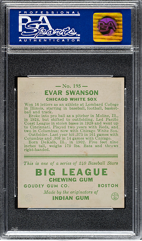 1933 R319 Goudey #195 Evar Swanson PSA EX-MT 6