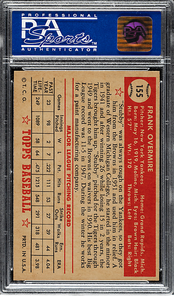 1952 Topps #155 Frank Overmire PSA NM 7