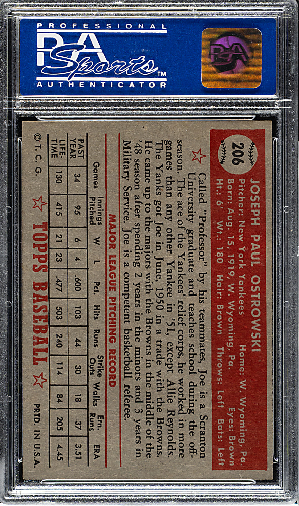 1952 Topps #206 Joe Ostrowski PSA NM 7