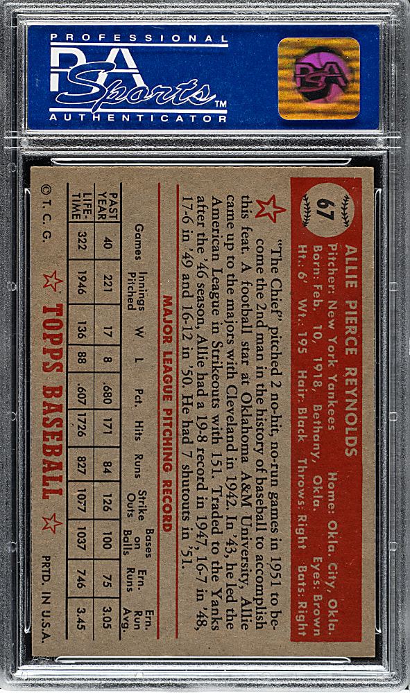 1952 Topps #67 Allie Reynolds PSA NM 7