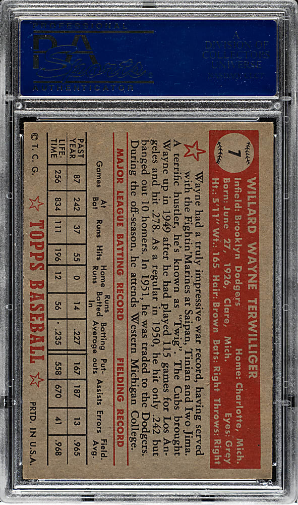 1952 Topps #7 Wayne Terwilliger PSA NM 7