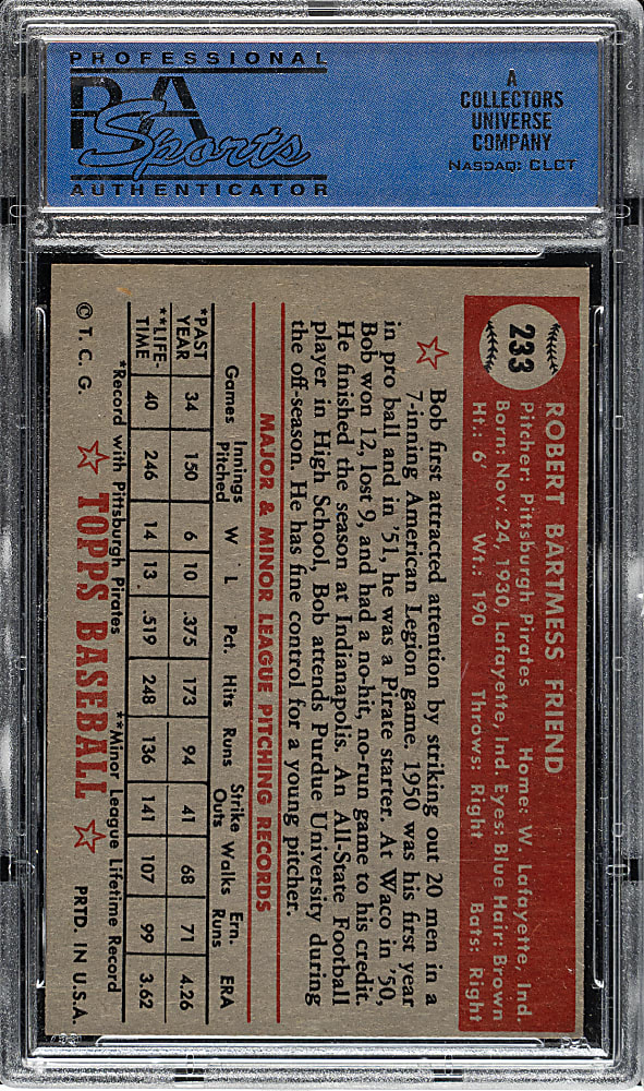1952 Topps #233 Bob Friend PSA NM 7