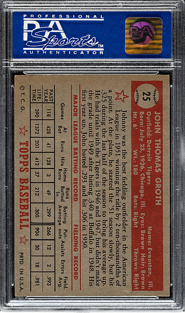 1952 Topps #25 Johnny Groth PSA EX 5