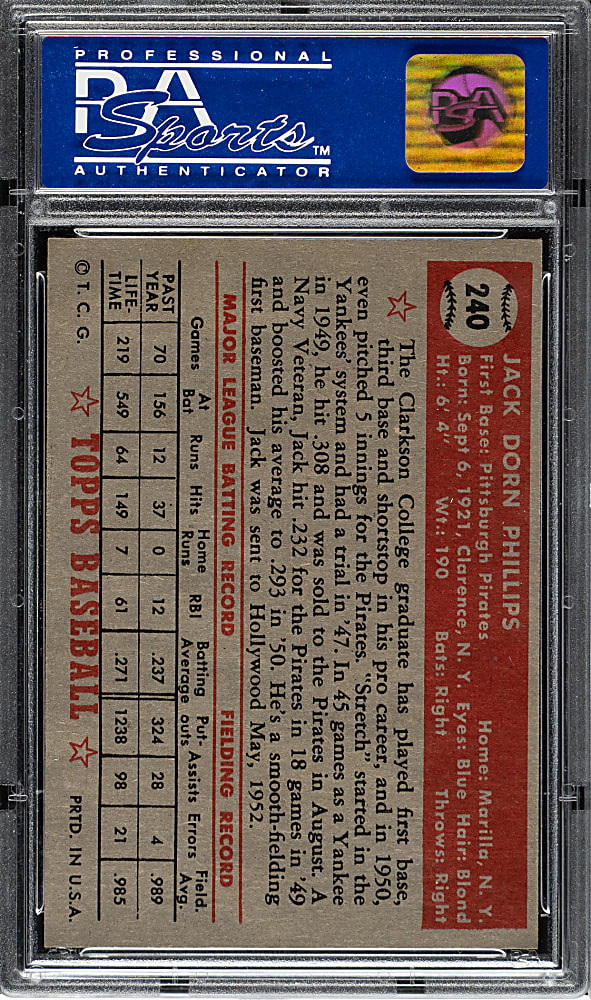 1952 Topps #240 Jack Phillips PSA EX-MT 6