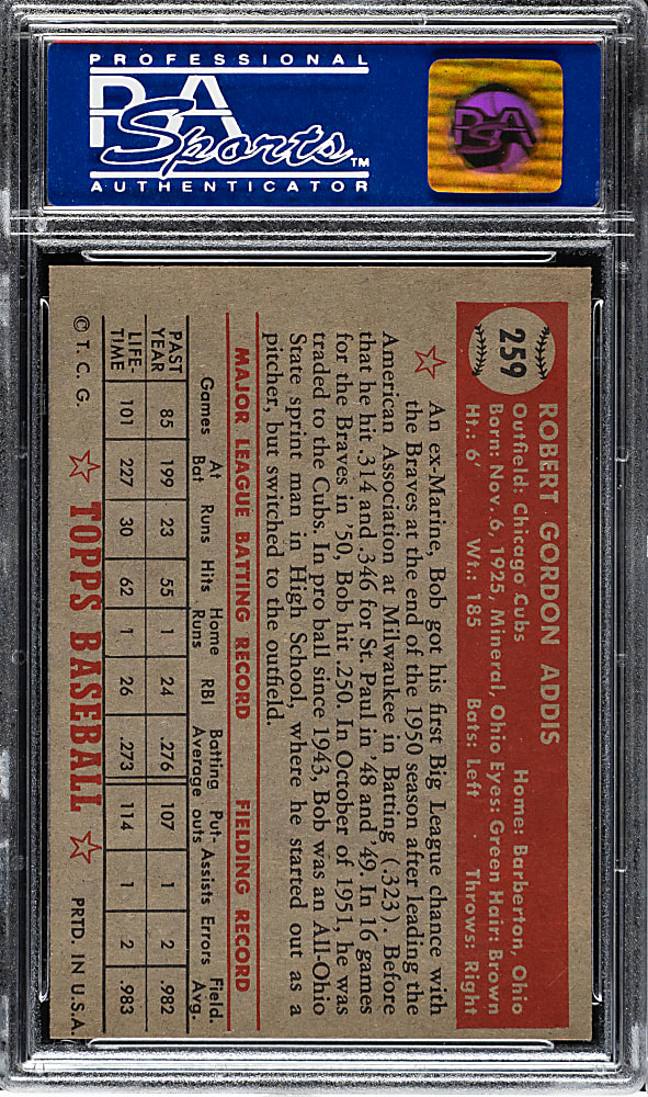 1952 Topps #259 Bob Addis PSA NM-MT 8 (OC)