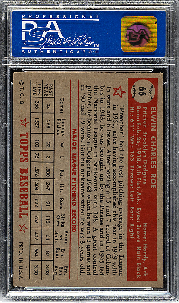 1952 Topps #66 Preacher Roe PSA EX-MT 6