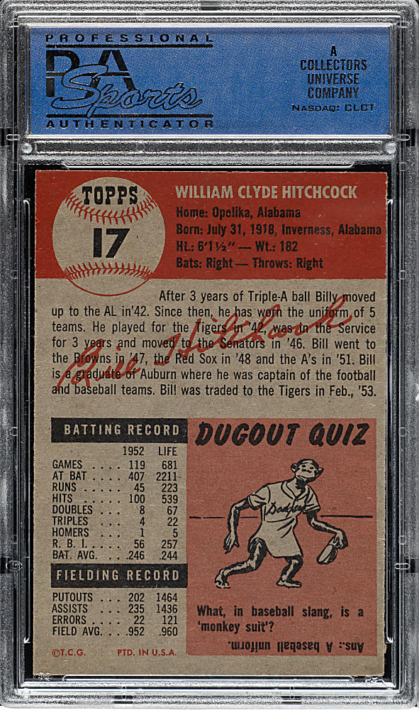 1953 Topps #17 Billy Hitchcock PSA NM-MT 8
