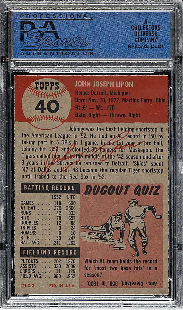 1953 Topps #40 Johnny Lipon PSA NM-MT 8