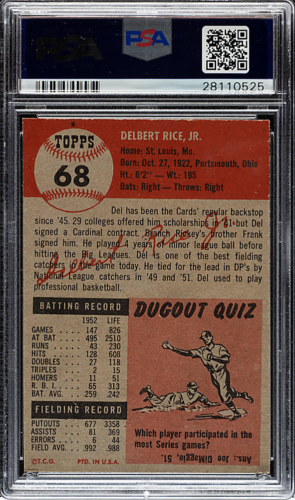 1953 Topps #68 Del Rice PSA NM-MT 8