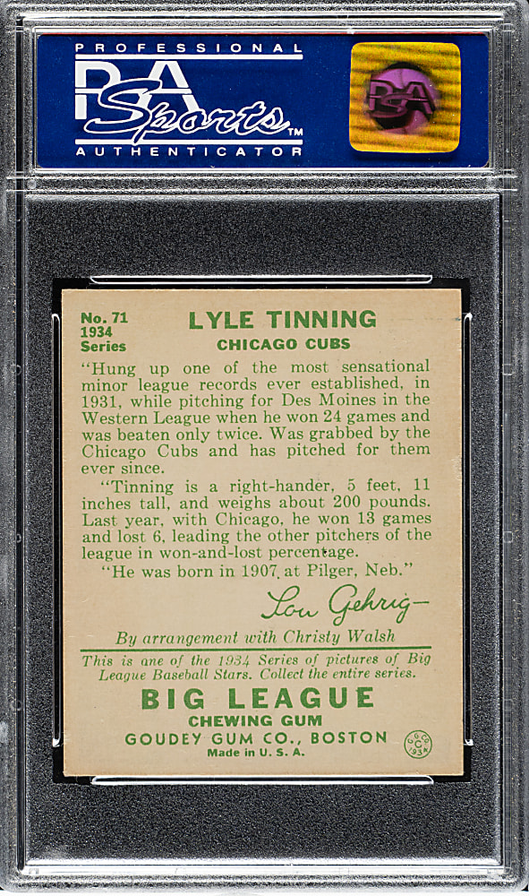 1934 R320 Goudey #71 Lyle Tinning PSA EX-MT 6