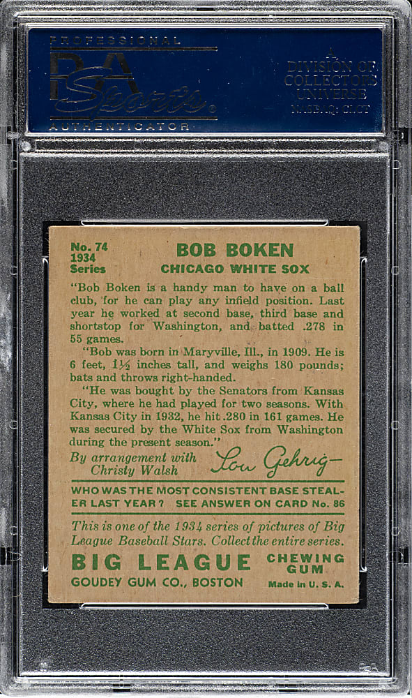 1934 R320 Goudey #74 Bob Boken PSA EX-MT 6