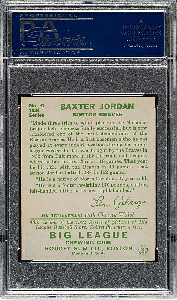 1934 R320 Goudey #31 Baxter Jordan PSA EX-MT 6