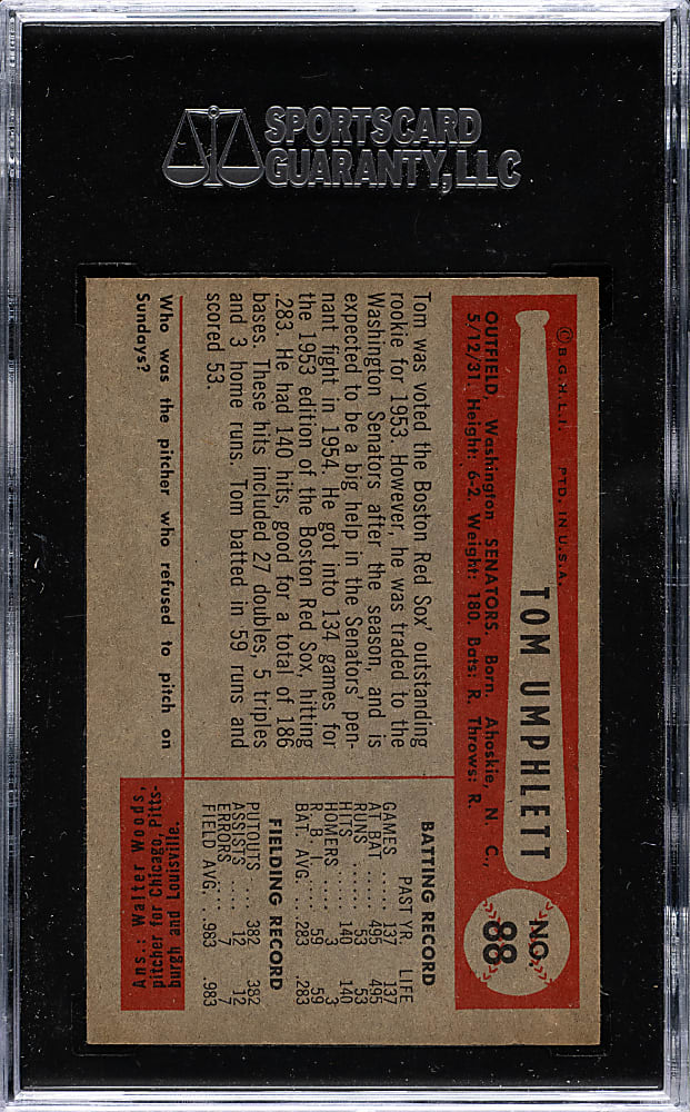 1954 Bowman #88 Tommy Umphlett SGC NM/MT 88