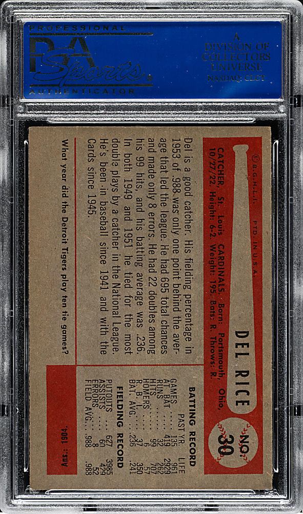 1954 Bowman #30 Delbert Rice Jr. PSA NM-MT 8