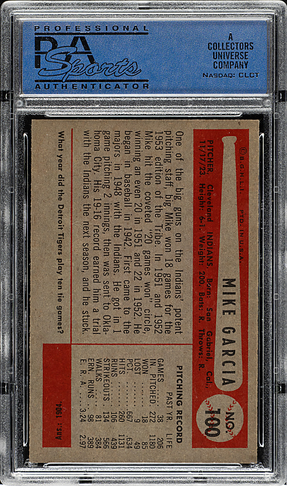 1954 Bowman #100 Mike Garcia PSA NM-MT 8