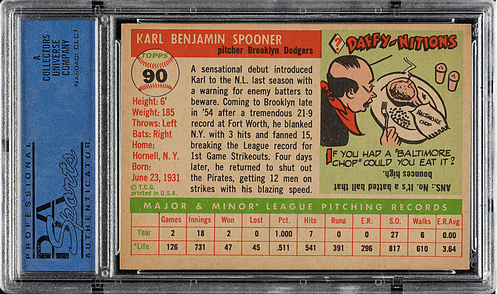 1955 Topps #90 Karl Spooner PSA NM 7