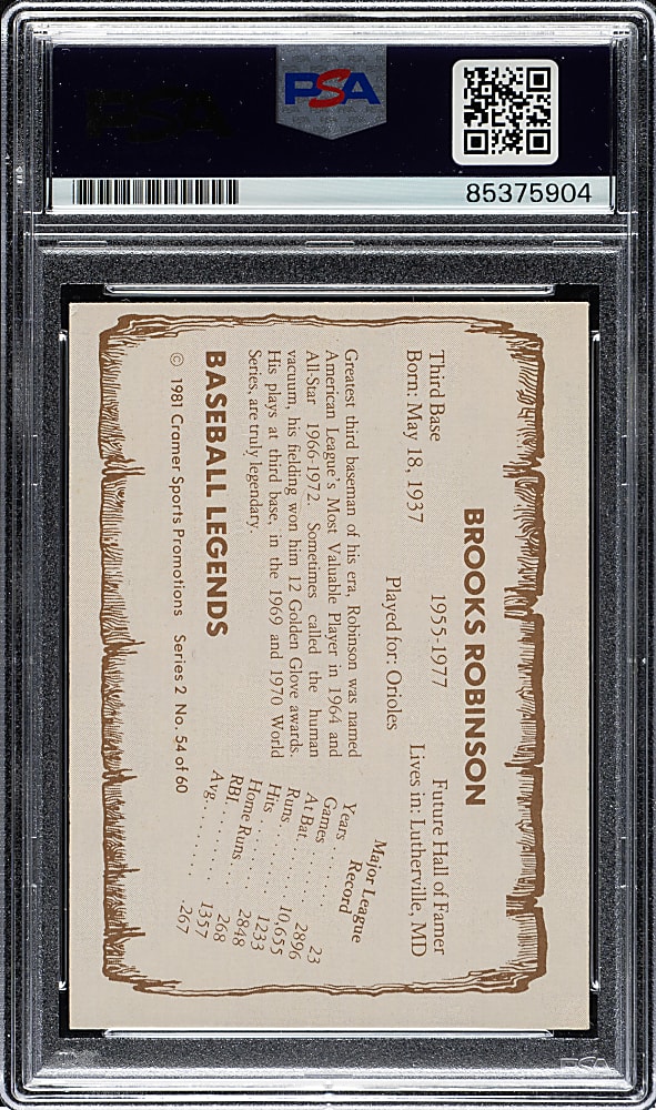 Signed 1981 Cramer Baseball Legends Series 2 #54 Brooks Robinson PSA/DNA GEM MINT 10