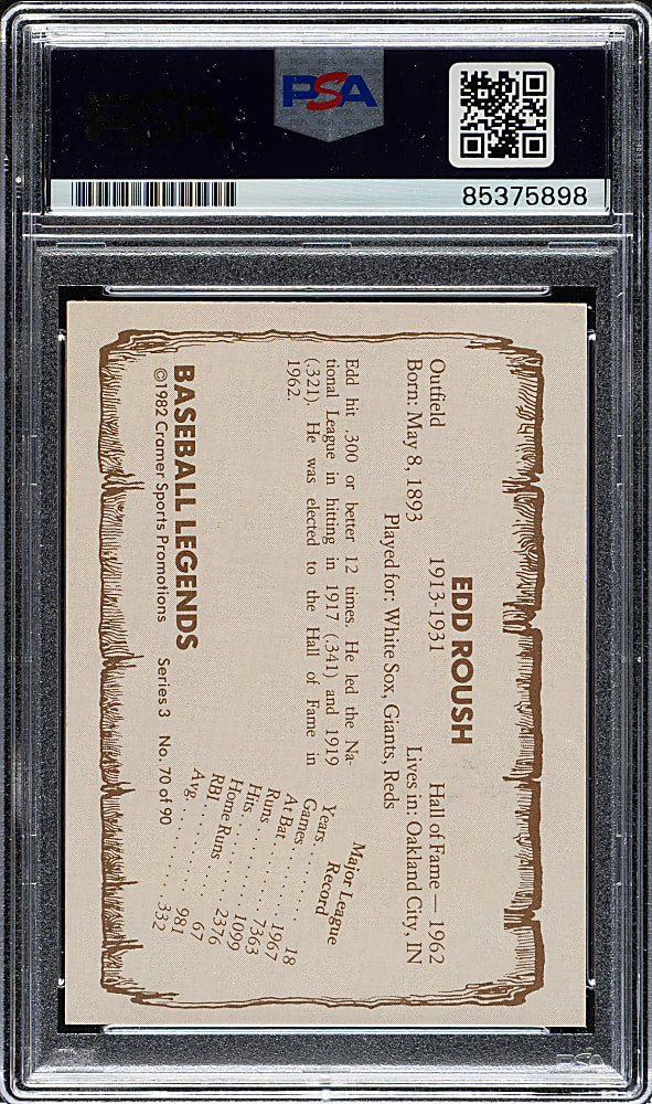 Signed 1981 Cramer Baseball Legends Series 3 #70 Edd Roush PSA/DNA GEM MINT 10