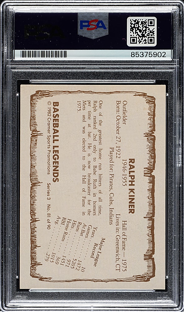 Signed 1981 Cramer Baseball Legends Series 3 #81 Ralph Kiner PSA/DNA NM-MT 8