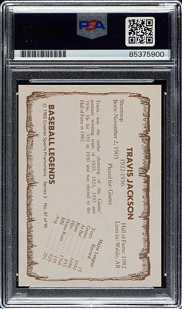Signed 1981 Cramer Baseball Legends Series 3 #87 Travis Jackson PSA/DNA GEM MINT 10