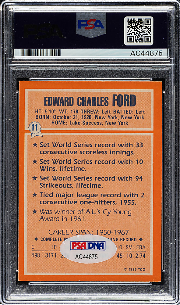 Signed 1985 Topps Woolworth All Time Record Holders #11 Whitey Ford PSA/DNA GEM MINT 10