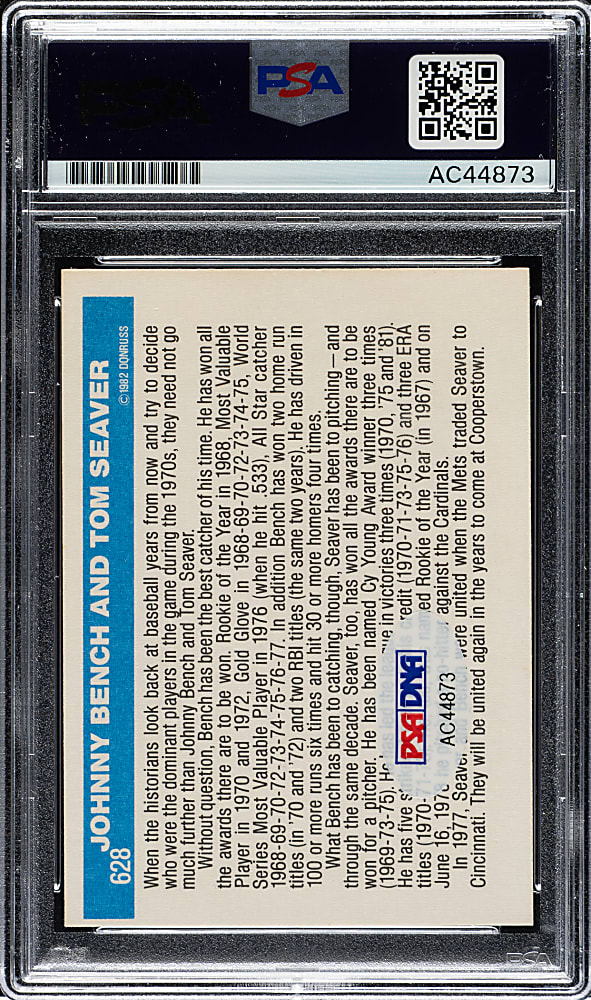Signed 1982 Donruss #628 Tom Seaver/Johnny Bench PSA/DNA GEM MINT 10