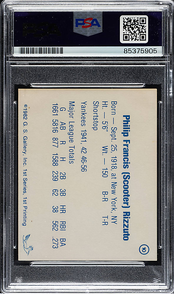 Signed 1982 G.S. Gallery All-Time Greats #10 Phil Rizzuto PSA/DNA GEM MINT 10