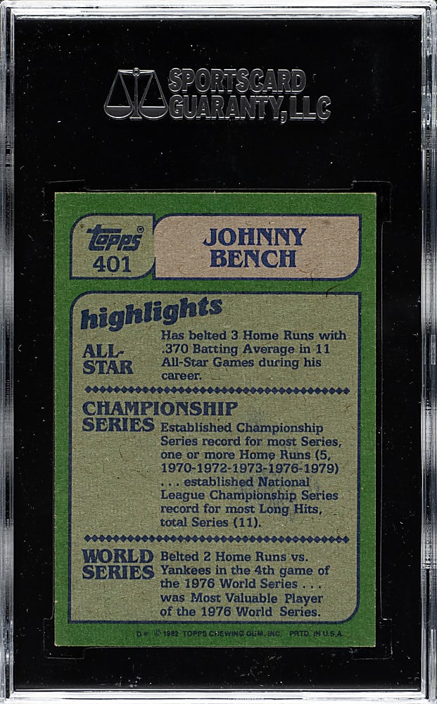 Signed 1982 Topps #401 Johnny Bench in Action - SGC
