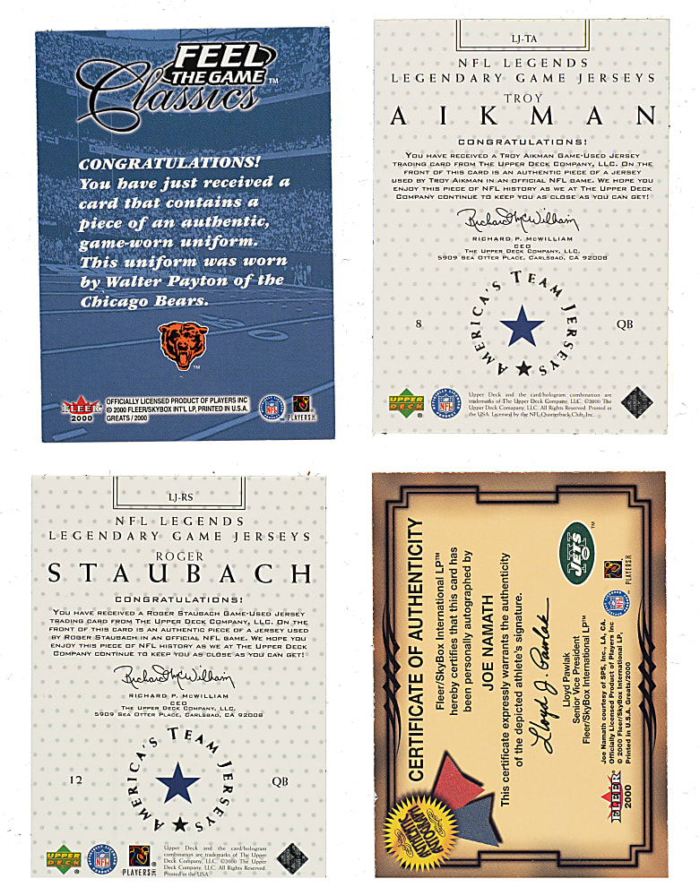 2000 Fleer and Upper Deck Football Hall of Famers and Stars Autograph and Relic Collection (20) Including Joe Namath