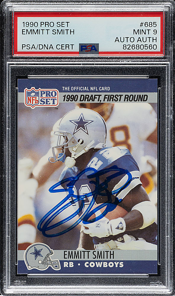 Signed 1990 Pro Set Football #685 Emmitt Smith Rookie PSA MINT 9