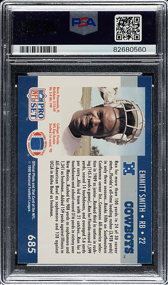 Signed 1990 Pro Set Football #685 Emmitt Smith Rookie PSA MINT 9