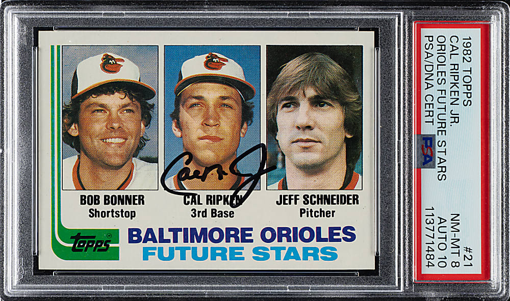 Signed 1982 Topps #21 Cal Ripken Jr. Rookie PSA NM-MT 8 with GEM MINT 10 Signature