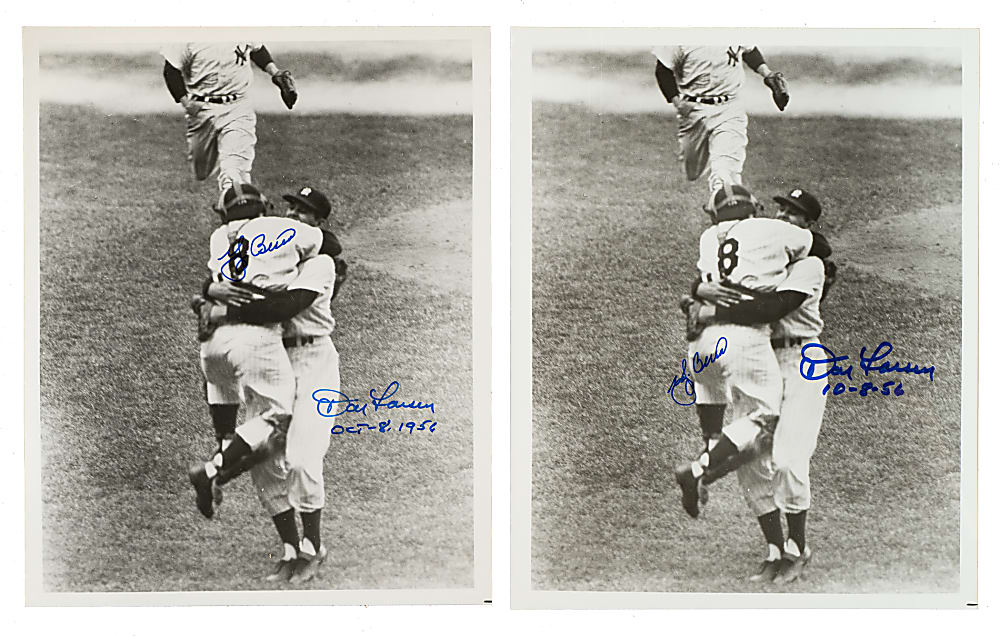 Yogi Berra and Don Larsen Dual-Signed Photograph Pair with Perfect Game Date Inscription