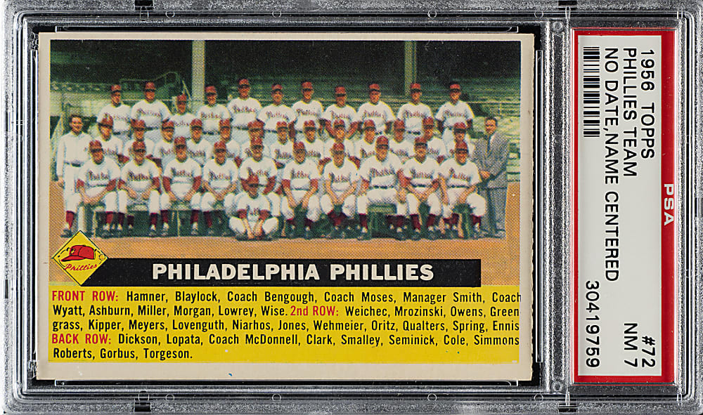 1956 Topps #72 Philadelphia Phillies Team No Date, Name Center Gray Back PSA NM 7