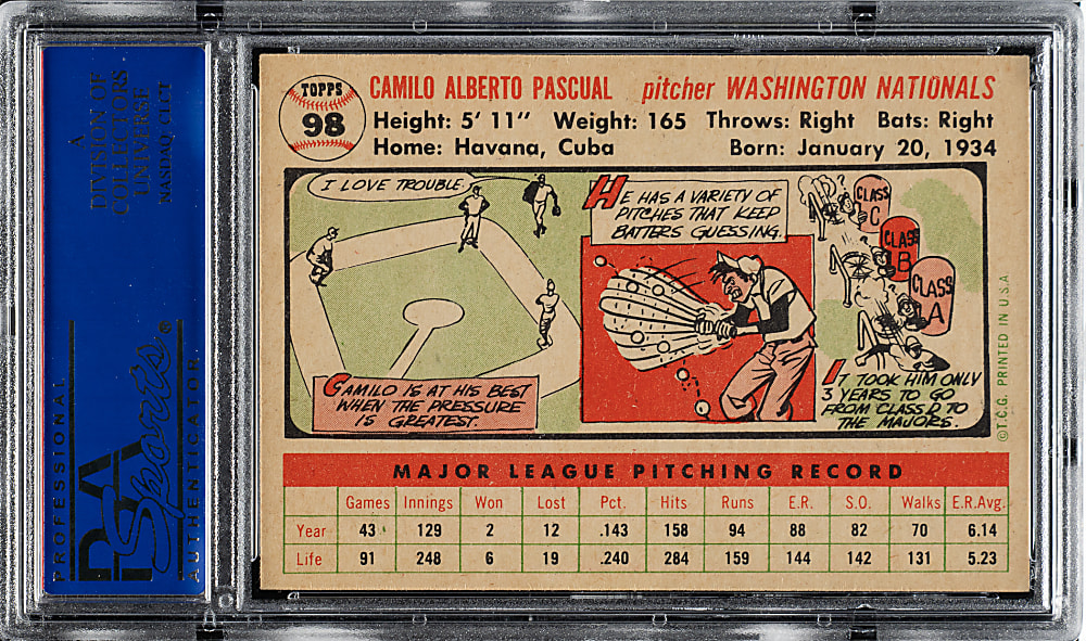 1956 Topps #98 Camilo Pascual White Back PSA NM-MT 8