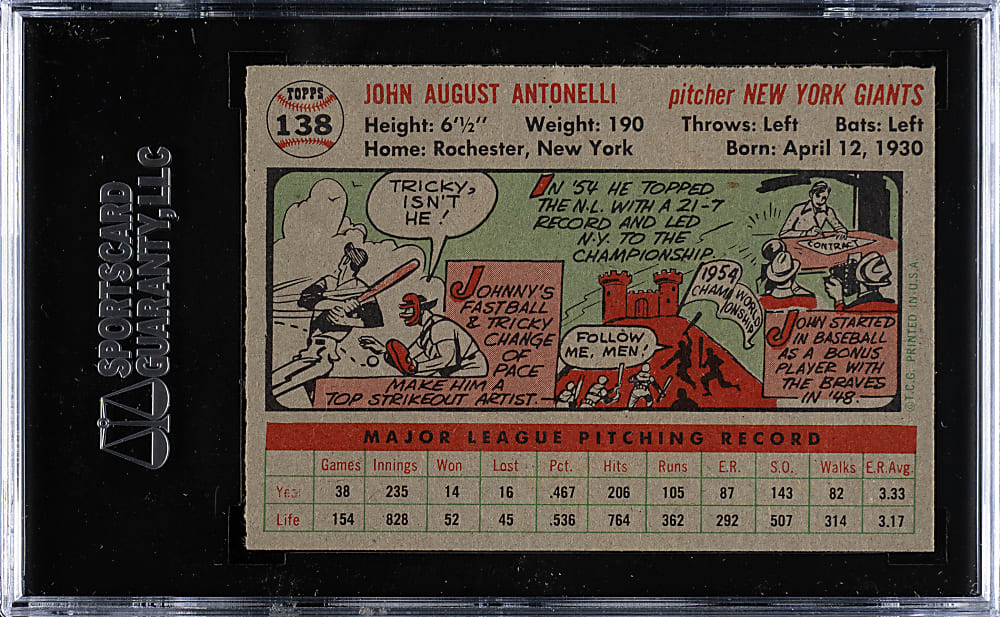 1956 Topps #138 Johnny Antonelli Gray Back SGC NM/MT+ 92