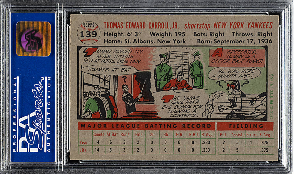 1956 Topps #139 Tommy Carroll Gray Back PSA NM-MT 8
