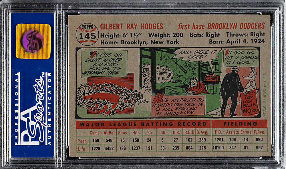 1956 Topps #145 Gil Hodges Gray Back PSA NM-MT 8