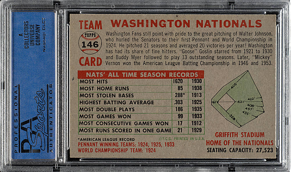 1956 Topps #146 Washington Nationals Team Gray Back PSA NM-MT 8