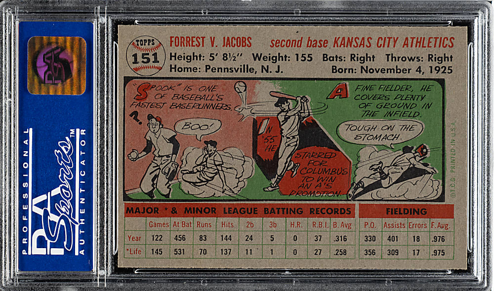 1956 Topps #151 Spook Jacobs Gray Back PSA NM-MT 8