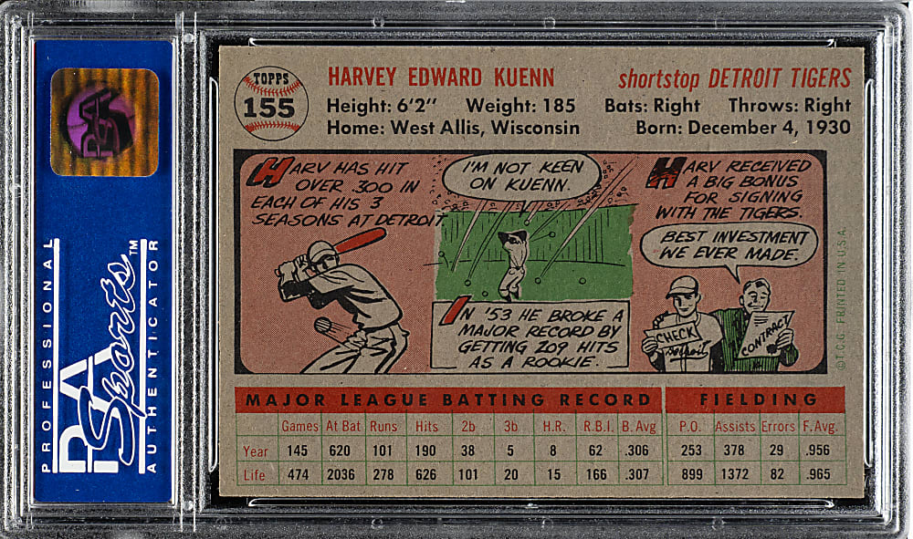 1956 Topps #155 Harvey Kuenn Gray Back PSA NM-MT 8