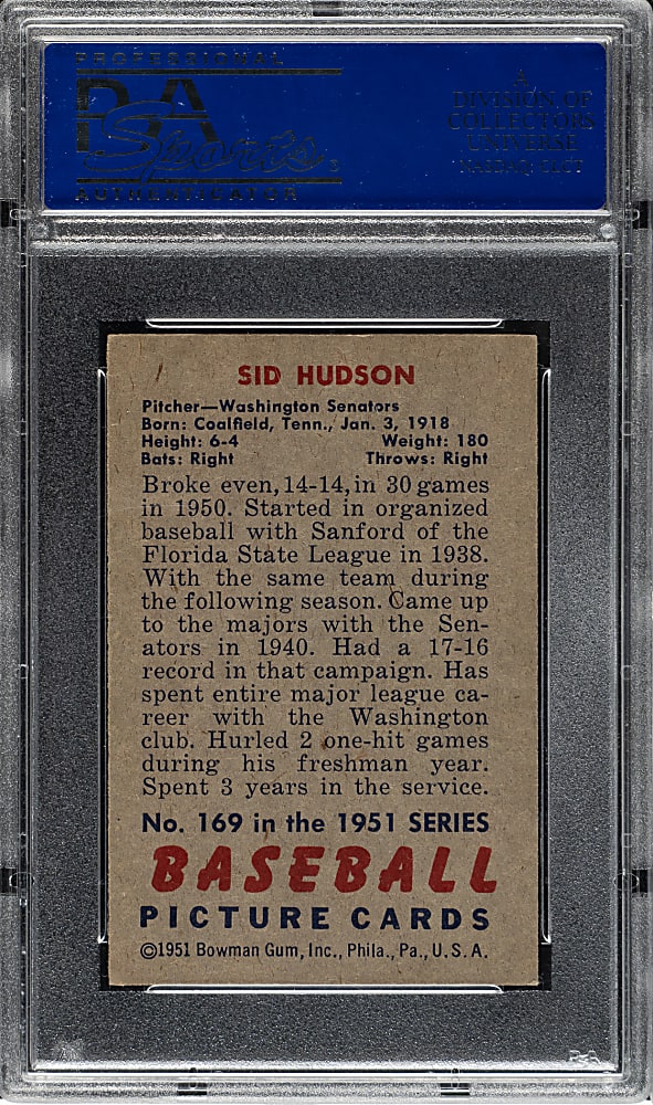 1951 Bowman #169 Sid Hudson PSA NM-MT 8