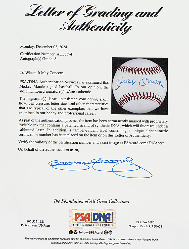 Mickey Mantle Single-Signed Baseball PSA/DNA NM-MT 8