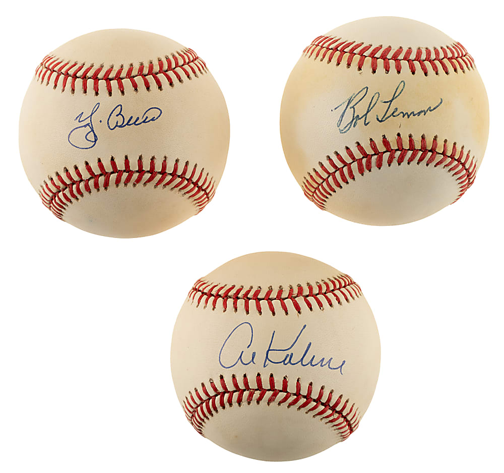 Yogi Berra, Bob Lemon, and Al Kaline Single-Signed Baseball Trio