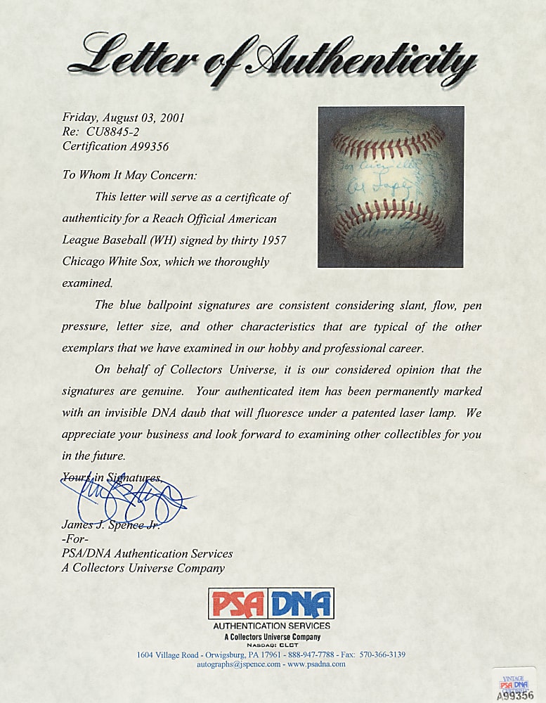 1957 Chicago White Sox Team-Signed Baseball with Larry Doby, Minnie Minoso, and Nellie Fox - JSA