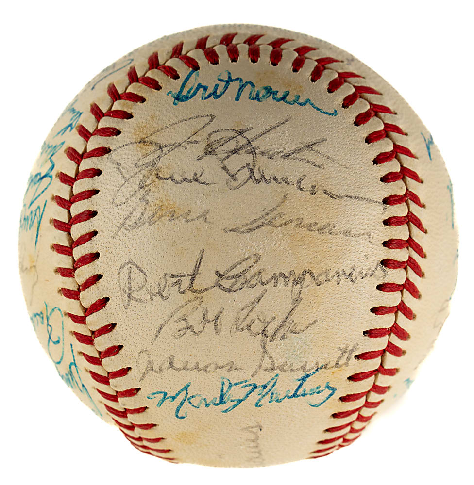1972 Oakland Athletics World Champions Team-Signed Baseball with Reggie Jackson, Jim Hunter, and Rollie Fingers
