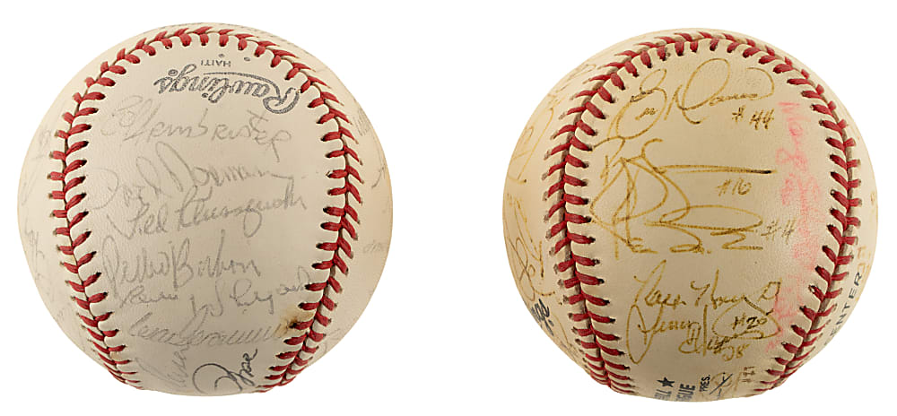 1977 and 1996 Cincinnati Reds Team-Signed Baseball Pair with Pete Rose, Tom Seaver, and Johnny Bench
