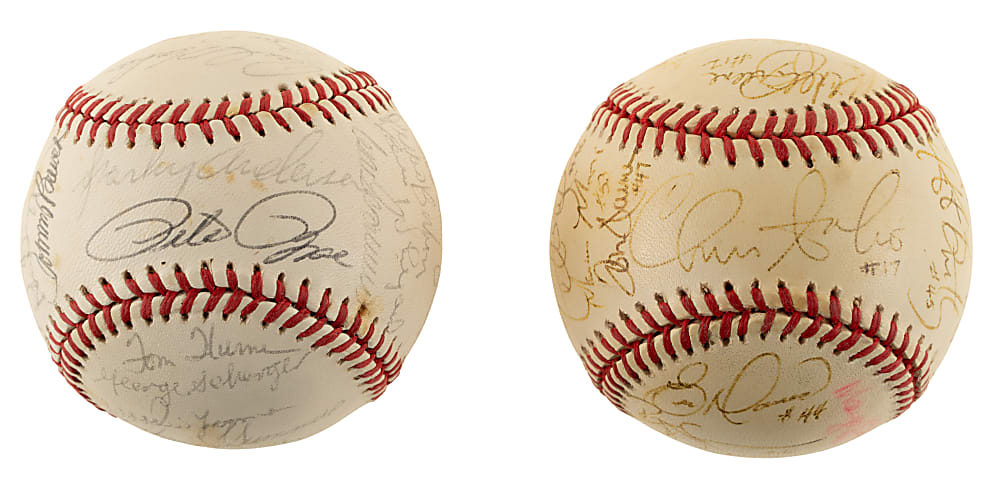 1977 and 1996 Cincinnati Reds Team-Signed Baseball Pair with Pete Rose, Tom Seaver, and Johnny Bench
